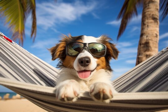 Dog relaxing in hammock on the beach with palm trees and blue sky