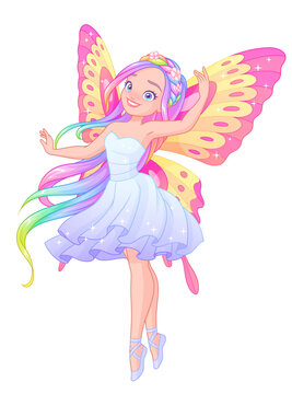 Beautiful flying fairy ballerina with butterfly wings. Hand drawn vector illustration not AI.