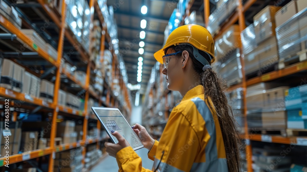 Poster a female worker holding a tablet with an ar remote control application using an agv robot in a retai