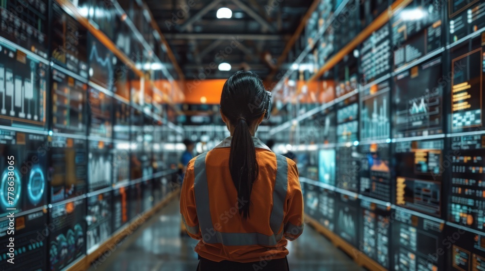 Poster a female worker holding a tablet with an ar remote control application using an agv robot in a retai