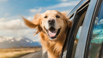Golden retriever with face outside car window on a road trip