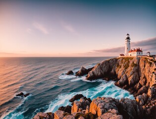 A lighthouse on a cliff overlooking the ocean. - Powered by Adobe