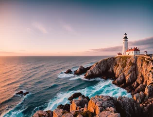 Foto op Canvas A lighthouse on a cliff overlooking the ocean. © Miklos