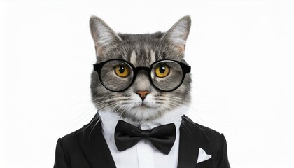 Gray tabby cat with glasses wearing a black tuxedo