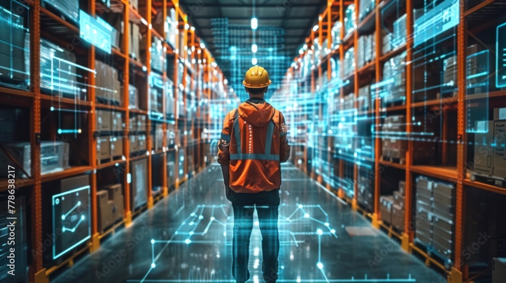 Poster a female worker holding a tablet with an ar remote control application using an agv robot in a retai
