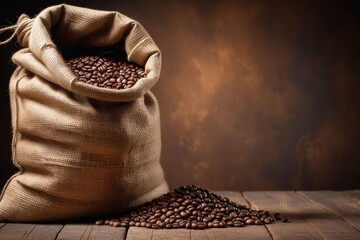 An old sack of coffee beans on a wooden floor, horizontal composition