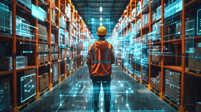 A female worker holding a tablet with an AR remote control application using an AGV robot in a retail warehouse. Women Controlling Automated Guided Vehicles With Products.