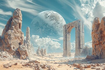 Futuristic archaeological dig uncovering the ruins of a long lost civilization on a distant exoplanet - obrazy, fototapety, plakaty