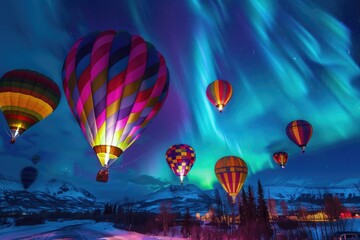 Naklejka premium Hot air balloons adrift in the night sky, illuminated by the aurora borealis and a distant sunset
