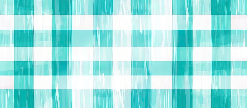 A brown, blue, and white tartan pattern with green and grey lines on a white background. The textile features a mix of aqua and plaid designs