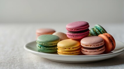 Delicate French macarons in an assortment of colors displayed on a white plate, depicting elegance and sweetness