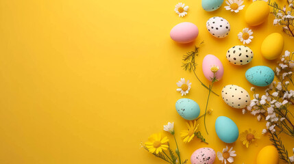 Naklejka na ściany i meble An array of decorated Easter eggs with daisies, perfectly capturing the festive spirit, ideal as a banner with blank space