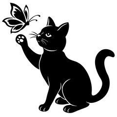 cat playing with butterfly isolated on white background -Vector illustration