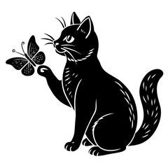 cat playing with butterfly isolated on white background -Vector illustration