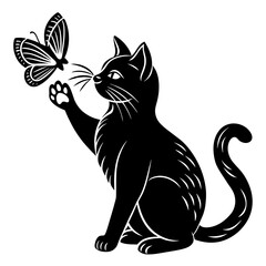 cat playing with butterfly isolated on white background -Vector illustration