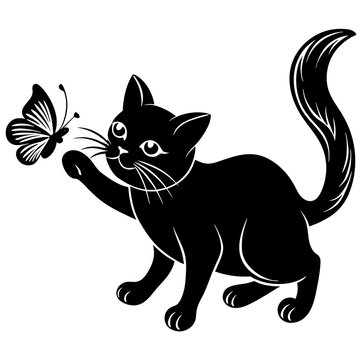 cat playing with butterfly isolated on white background -Vector illustration