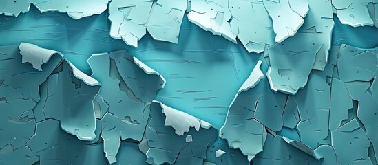 A closeup of an azure wall with peeling paint resembling a glacial landform covered in snow, creating a freezing and electric blue backdrop