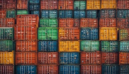 Colorful shipping containers stacked in an orderly grid pattern.