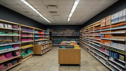 Wide angle shot of a stationary shop with shelves filled with office supplies, folders, and books for workplace organization