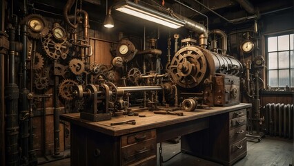 Steampunk themed workshop with gears and machinery