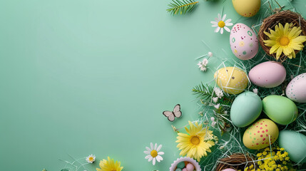 A collection of spring Easter eggs and bright daisies arranged wonderfully for a fresh banner with blank space