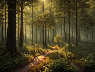 A path through a dense forest with tall trees on either side.