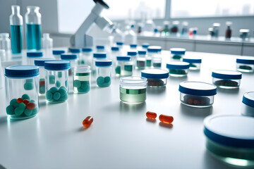 There are many  medical  petri dish neatly arranged  on  the   white table,    laboratory environment ,Many glass containers contain various liquids, scientific research and experimental  materials