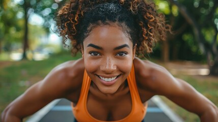 Happy African woman doing regular exercise outdoors at a city park, focusing on face