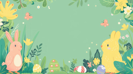 Fototapeta premium A charming and playful Easter cartoon with eggs and cute rabbit, perfect for a family-friendly banner with blank space