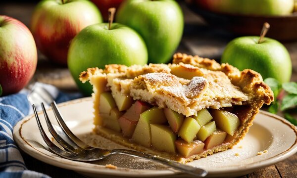 A large piece of apple pie on a white plate, red and green apples, closeup