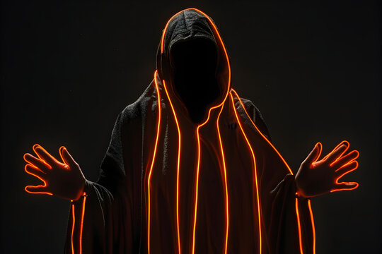 Shadowy figure with neon hands reaching out isotated on black background.