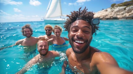 Happy friends taking a selfie with an action camera in the ocean with a sailboat in the background...