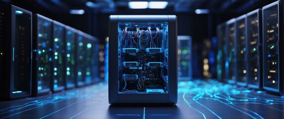 A futuristic data center with servers and glowing blue lights showcasing high tech infrastructure