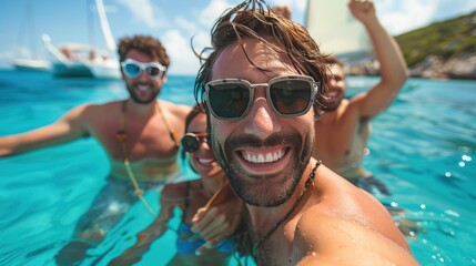 Happy friends taking a selfie with an action camera in the ocean with a sailboat in the background - young people having fun swimming