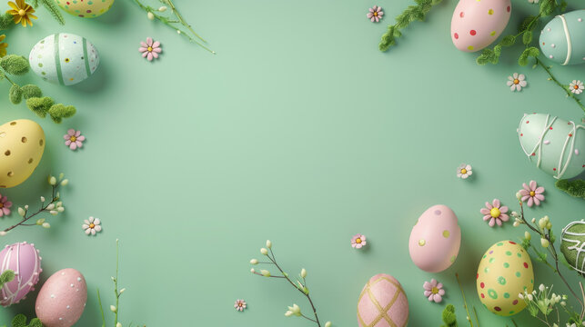 A festive arrangement of Easter eggs, flowers, and greenery creates a lively banner with blank space in the center for customization