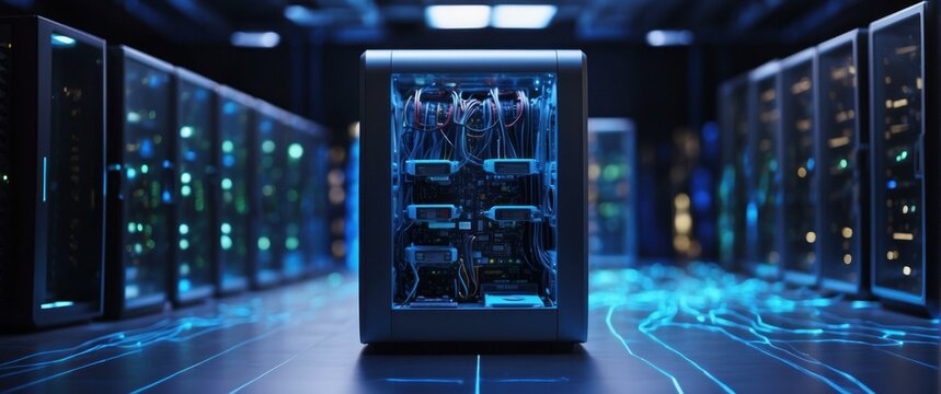 A futuristic data center with servers and glowing blue lights showcasing high tech infrastructure