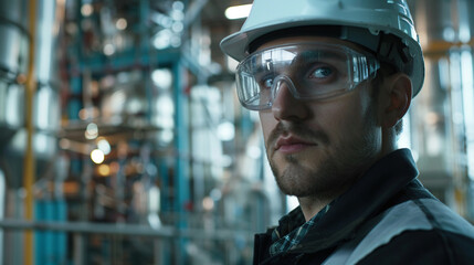 Close up of an engineer with safety goggles and helmet the backdrop of a bustling industrial plant highlighting the importance of safety gear - obrazy, fototapety, plakaty