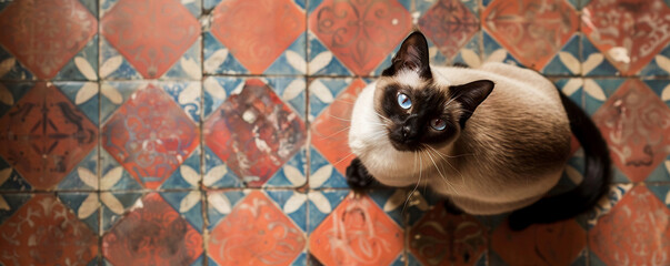 Elegant Siamese cat on a vintage tiled floor looking up with anticipation as food is prepared classic charm
