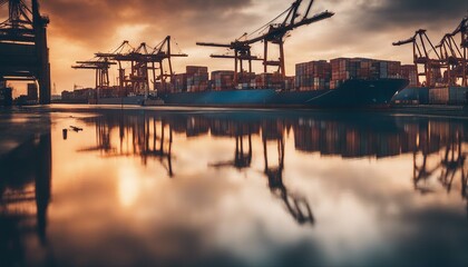Sunset paints cargo port in hues of gold, with containers, cranes, and reflective pavement under a dramatic sky.