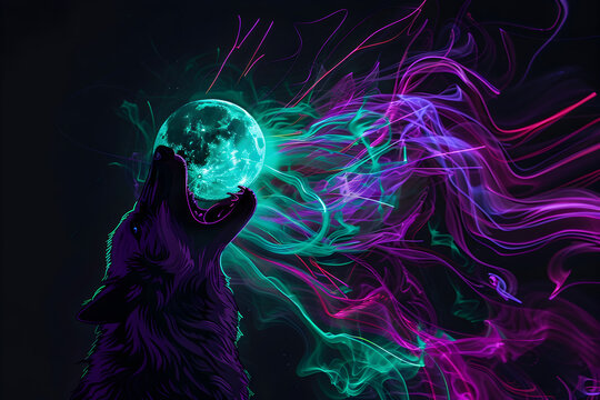 Psychedelic neon silhouette of a wolf howling at a neon moon isotated on black background.