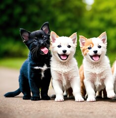 A group of puppies standing in a row, looking up at the camera with their tails wagging.