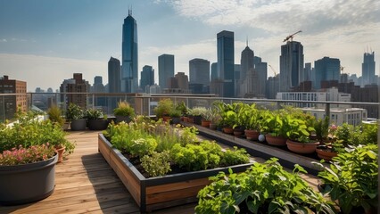 Fototapeta premium Green rooftop garden against city backdrop