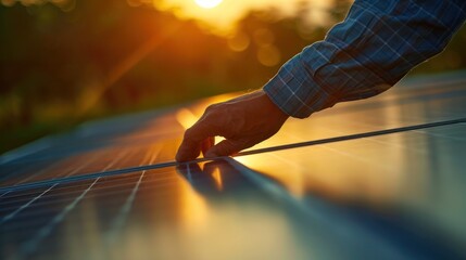 close-up of a hand adjusting a photovoltaic panel - obrazy, fototapety, plakaty