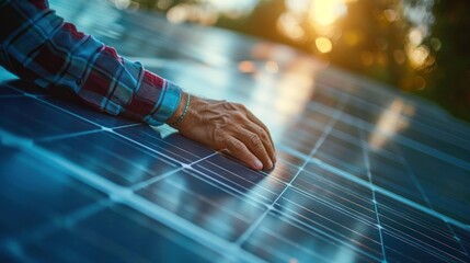 close-up of a hand adjusting a photovoltaic panel