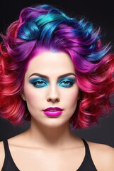 A woman with bright pink hair, blue eyes, and a pink lipstick.