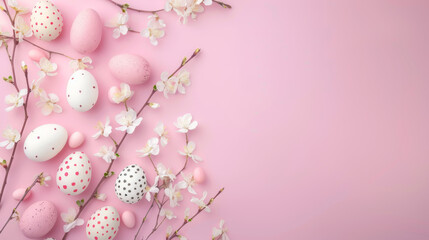 Fototapeta na wymiar Celebrate Easter with this charming composition featuring decorated eggs amid cherry blossoms Ideal banner with blank space for festive greetings