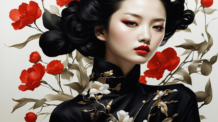 The Portrait of a Chinese girl in black dress with white and black flower