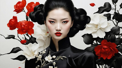 The Portrait of a Chinese girl in black dress with white and black flower