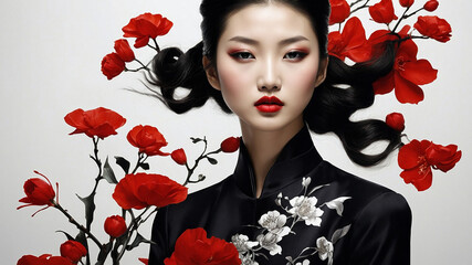 The Portrait of a Chinese girl in black dress with white and black flower