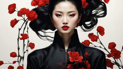 The Portrait of a Chinese girl in black dress with white and black flower